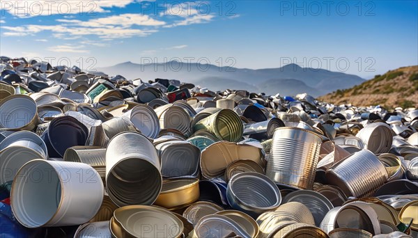 Symbol photo, waste, a large quantity of empty open tinplate cans on a heap, AI generated, AI generated