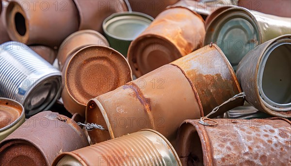 Symbol photo, rubbish, waste, many empty rusty cans in a pile, AI generated, AI generated