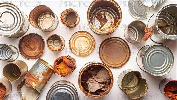 Symbol photo, many empty tin cans, partly crushed, rusty, dirty, on a white background, AI generated, AI generated