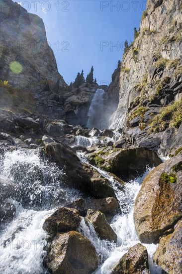 Barskon or Barskoon waterfall, mountain landscape with waterfall in a mountain valley, Jeti-Oeguez, Issyk-Kul region, Kyrgyzstan, Asia