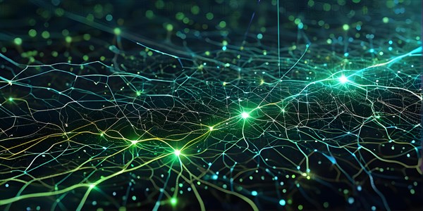 Ai generated conceptual illustration of a neuronal network with interconnected nodes pulsating in green tones, AI generated