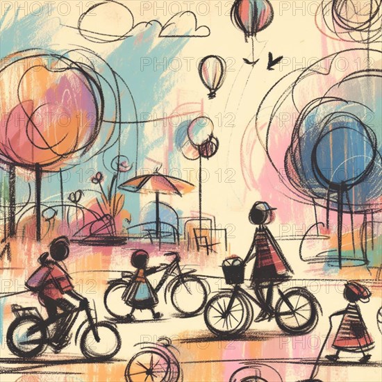 Sketch depicting people cycling in a park with abstract, colorful trees, AI generated