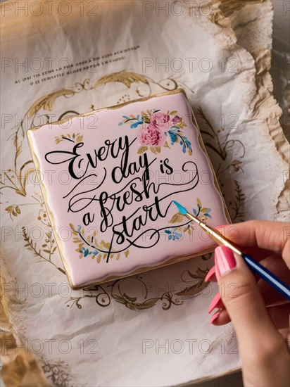 Close-up of a hand practicing calligraphy with an inspirational message surrounded by floral designs, AI generated