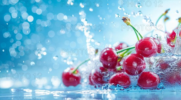 Fresh cherries floating in water. A concept of vegetarian lifestyle and vegetarian diet, AI generated