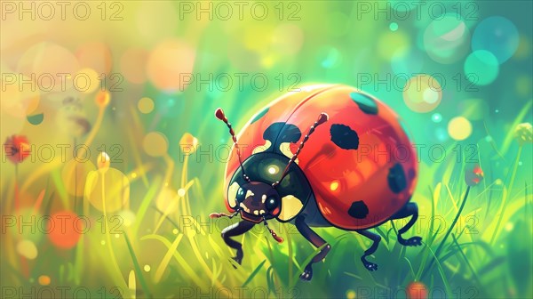 Ladybug on greenery with a bright and vibrant blurred background, AI generated