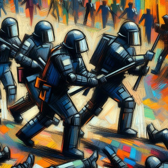 Abstract art of armored figures in motion with bold colors suggesting action and strength, AI generated