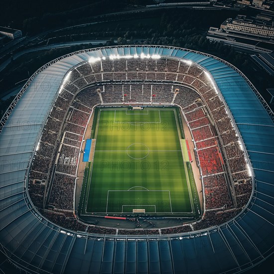 Aerial bird eye top view of a soccer football field stadium, AI generated