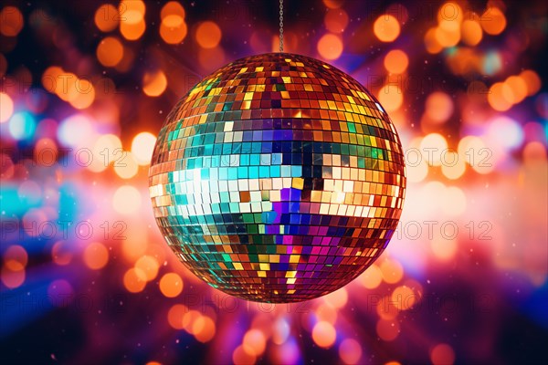 A disco ball is suspended from the ceiling at party in nightclub, reflecting the lights and creating a festive atmosphere, AI generated