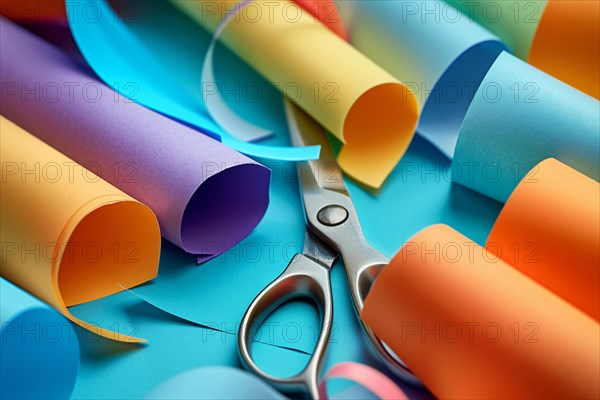 Paper crafting with colorful paper sheets and scissors, KI generiert, generiert, AI generated