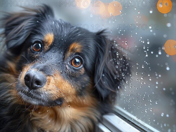 Bad weather, a dog looks sadly outside through a rainy window pane, AI generated