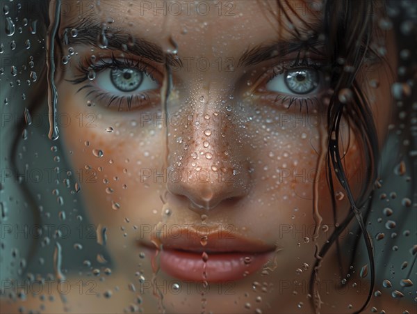 Bad weather, a woman looks sadly outside through a rainy window pane, AI generated