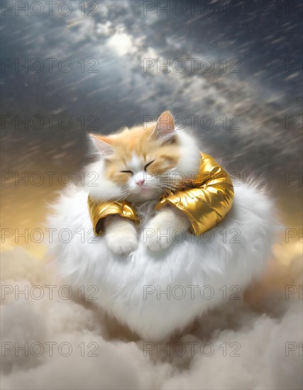 Adorable cat wearing a shiny gold jacket sleeps peacefully on a fluffy cloud with a dramatic sky background, AI generated