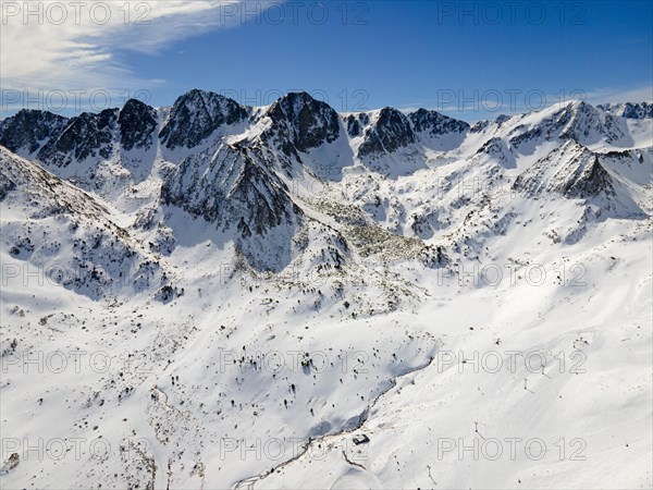 Majestic snow-capped mountain peaks under a clear blue sky, landscape near El Pas de la Casa, Encamp, Andorra, Pyrenees, Europe