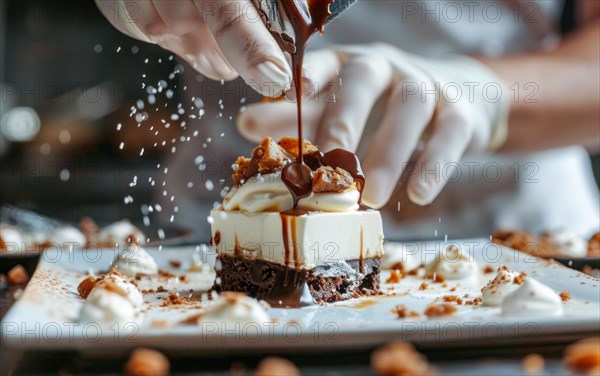 Chef is decorating a dessert with berries and other delicious additions of sweets and whipped cream, AI generated