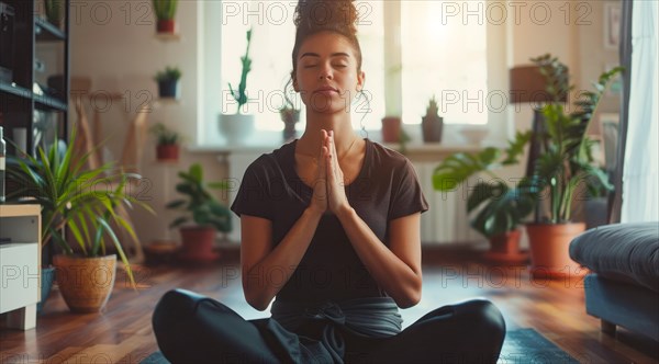 A woman is sitting on a yoga mat in a room with plants practicing yoga poses and mindful meditation, AI generated