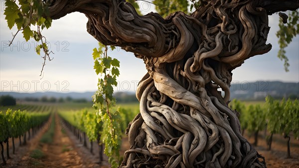 AI generated ancient weather gnarled trunks twisting skyward in a storied vineyard decades