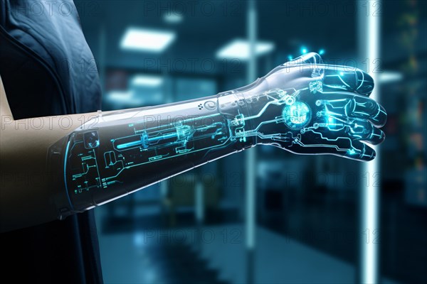 Cybernetic arm on human. KI generiert, generiert, AI generated