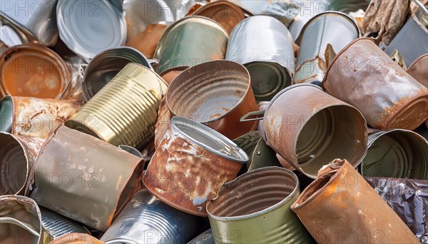 Symbol photo, waste, a large quantity of empty open rusted tinplate cans on a heap, AI generated, AI generated