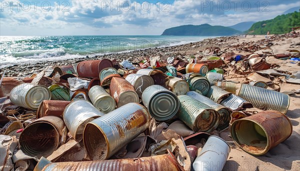 Symbol photo, many empty tin cans, partly crushed, rusty, dirty, lying on the beach, waste, AI generated, AI generated