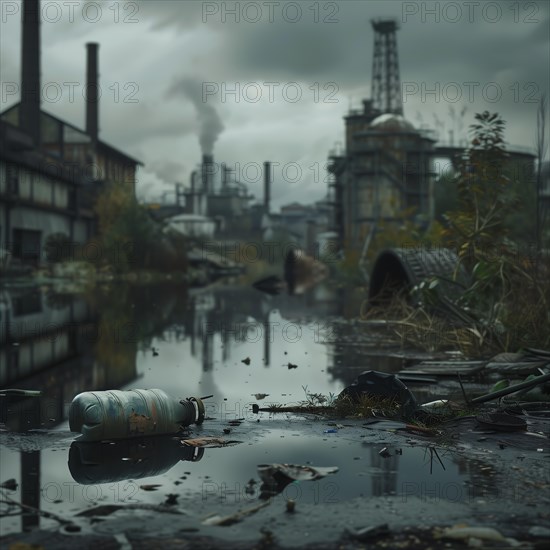 Gloomy industrial landscape with factories and waste in the water, pollution, environmental protection, AI generated