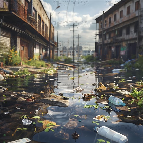 Flooded city street with rubbish and plastic on the water surface, environmental pollution, environmental protection, AI generated