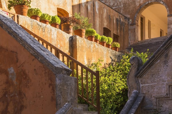 Stone staircase leading to cloister and wall with various plants in terracotta planters in inner courtyard at Holy Trinity (Agia Triada) Monastery, Akrotiri Peninsula, Chania region, Crete Island, Greece, Europe