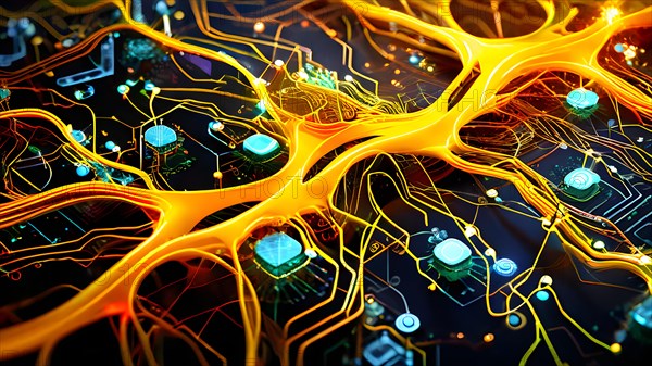 Ai generated conceptual illustration of a neuronal network with interconnected nodes pulsating in yellow tones, AI generated