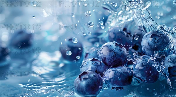 Fresh blueberries floating in water. A concept of vegetarian lifestyle and vegetarian diet, AI generated