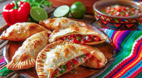 Tasty empanadas on a plate with colorful Mexican cloths as a background. National mexican food, AI generated