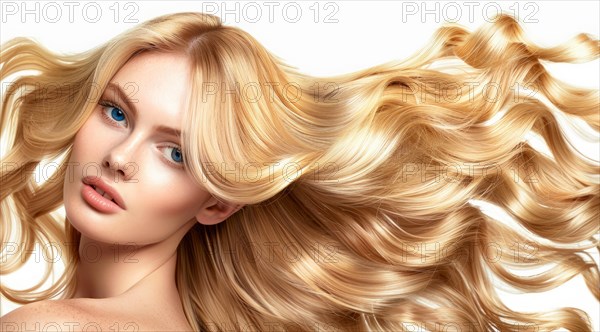 A blonde woman model with long hair is posing in front of a white background, AI generated