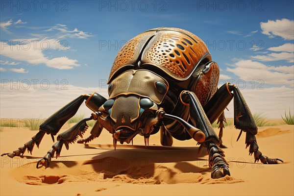 Stylized Goliath beetle in the sand, AI generated