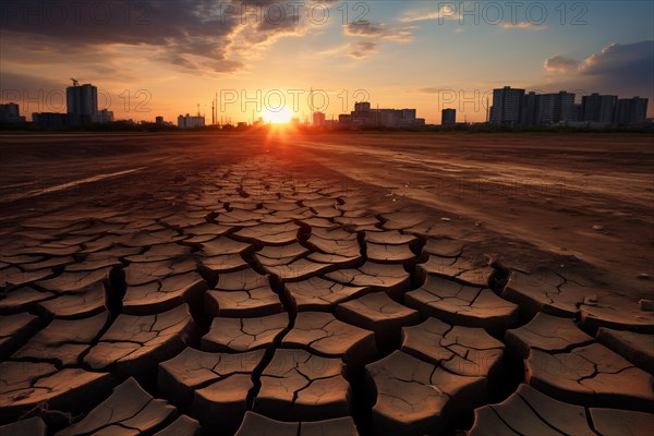 Drought climate change ecology solitude concept, dry dead tree in desert with a dry, cracked ground with city skyscrapers in background on sunset, AI generated