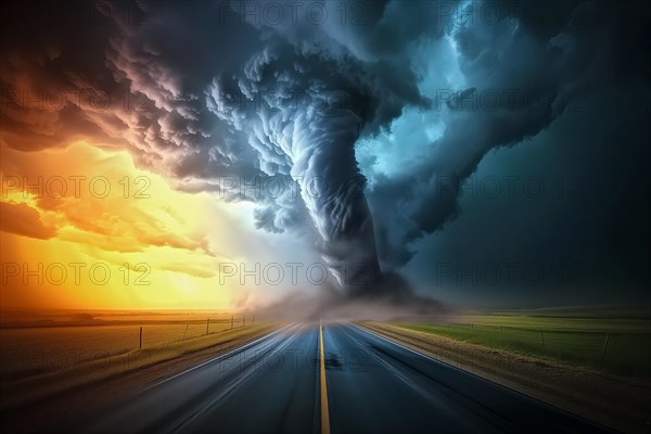 Disaster catastrophe storm concept, tornado in the USA with road in field under stormy dark sky, AI generated