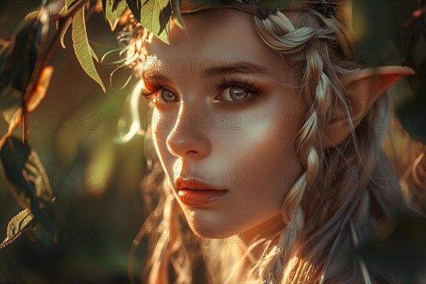 Beautiful elf woman with elven ears in forest. KI generiert, generiert, AI generated