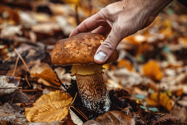 Hand picking up large brown Boletus mushroom in forest. KI generiert, generiert, AI generated