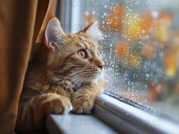 Bad weather, dog and cat looking sadly outside through a rainy window pane, AI generated