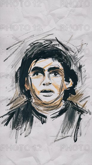 Expressive hand-drawn black and white sketch of a soccer player's portrait, AI generated