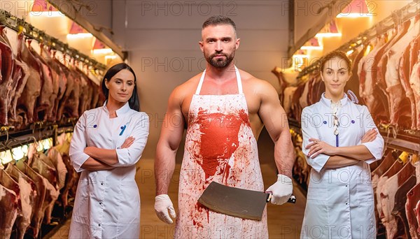 Focused butchers in a clean locker with blood-stained aprons maintain a professional appearance, AI generated