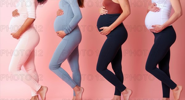 A group of pregnant women are standing in a line, with each woman wearing a different colored outfit. Concept of unity and support among the women, as they share their pregnancy experiences together, AI generated