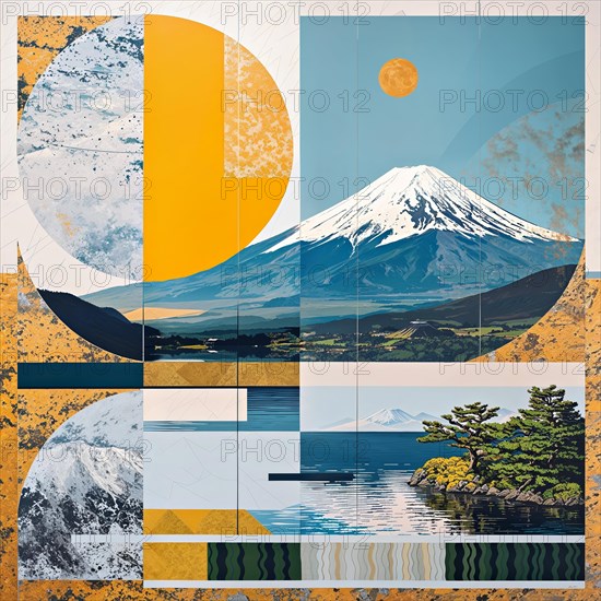 Graphic design with geometric representation of Mount Fuji with structured elements, Japan, AI generated, AI generated, Asia