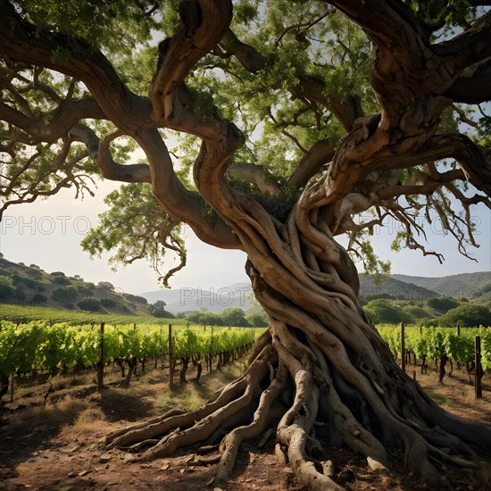 AI generated ancient weather gnarled trunks twisting skyward in a storied vineyard decades