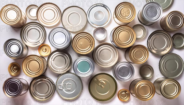 Symbol photo, many empty cans on a white background, AI generated, AI generated