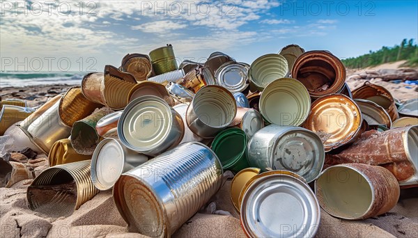 Symbol photo, many empty tin cans, partly crushed, rusty, dirty, lying on the beach, waste, AI generated, AI generated