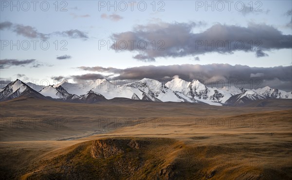 Glaciated and snow-capped mountains, autumnal mountain landscape with yellow grass at sunrise, Tian Shan, Sky Mountains, Sary Jaz Valley, Kyrgyzstan, Asia
