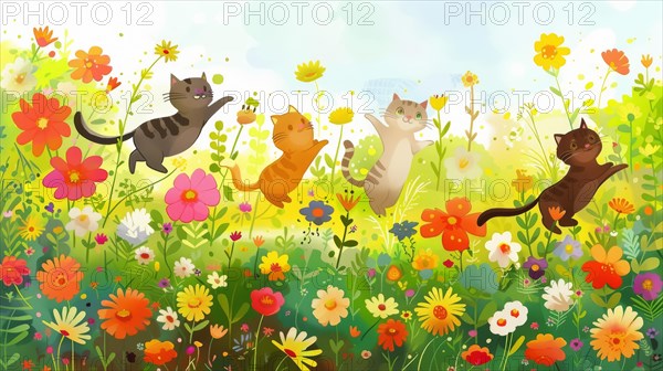 Animated picture of jumping cats in a colorful field of flowers, AI generated