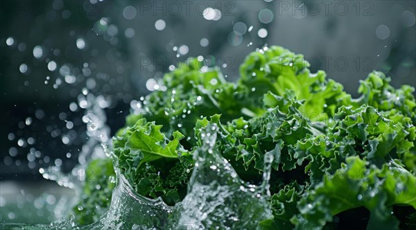 Fresh bunch of green kale floating in water. A concept of vegetarian lifestyle and vegetarian diet, AI generated