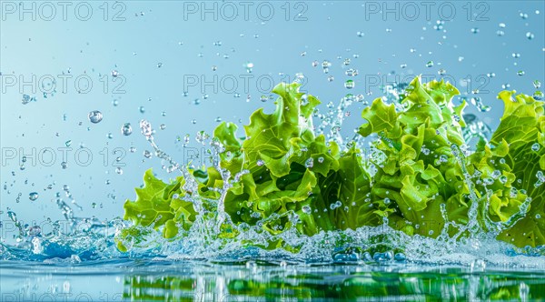 Fresh bunch of romaine lettuce floating in water. A concept of vegetarian lifestyle and vegetarian diet, AI generated