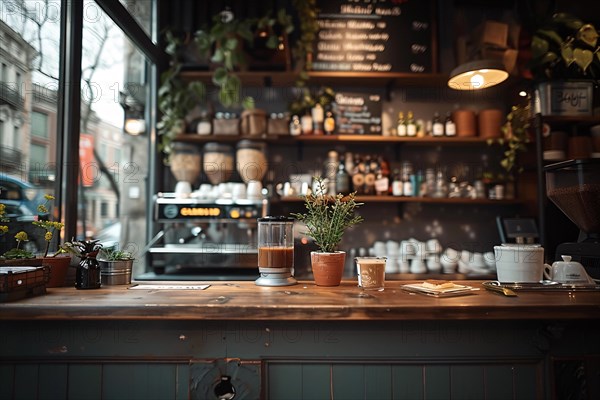 Cozy cafe interior with espresso machine and warm lighting, AI generated