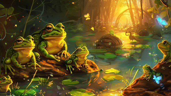 Cartoon frogs on lily pads in a vibrant pond basking in warm morning light with butterflies, AI generated