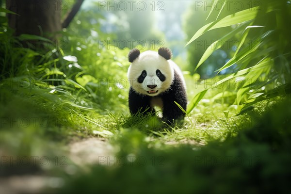 Cute panda cub in a lush bamboo grove, The image showcases the beauty and serenity of nature and wildlife. Endangered species, AI generated